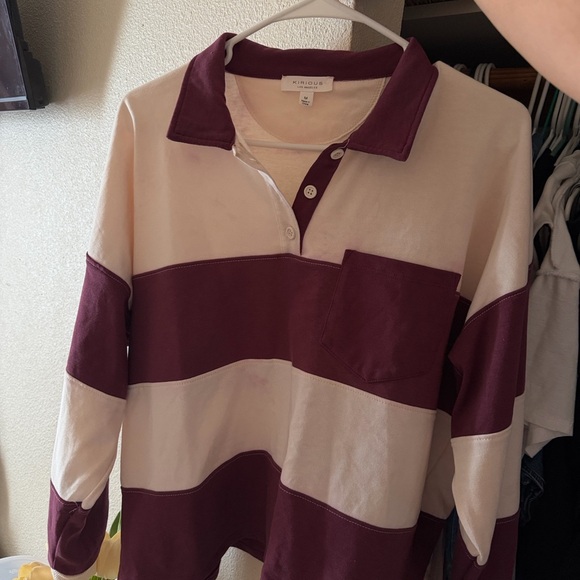 KIRIOUS LOS ANGELES Tops - Kirious Long Sleeve Rugby Polo in Cream and Burgundy